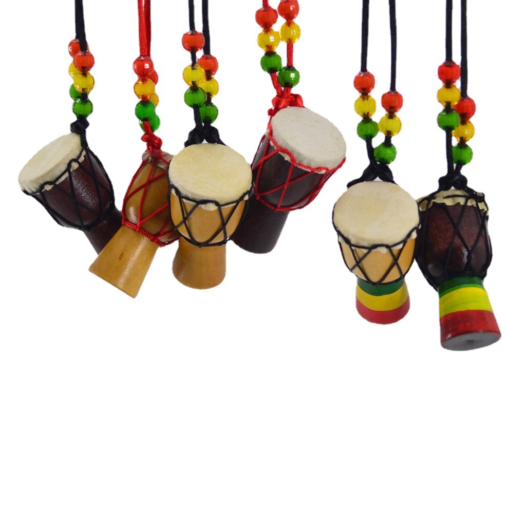 African Drum Pendant African Tambourine Necklace Jewelry Travel Gift Souvenir Solid Wood Handmade Sheepskin Sewing