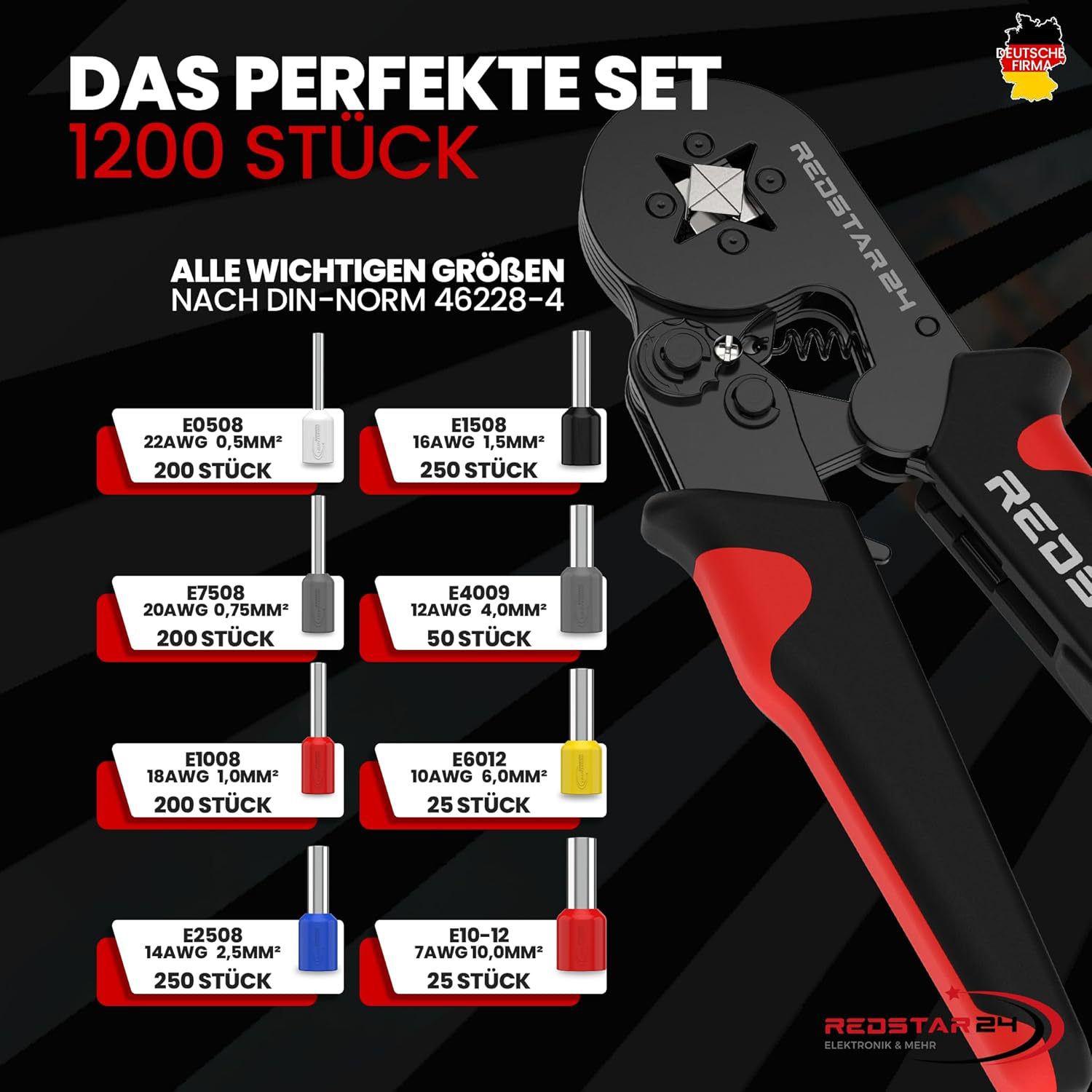 Redstar24 Crimpzange Set Mit 1200 Aderendhülsen - Selbstein