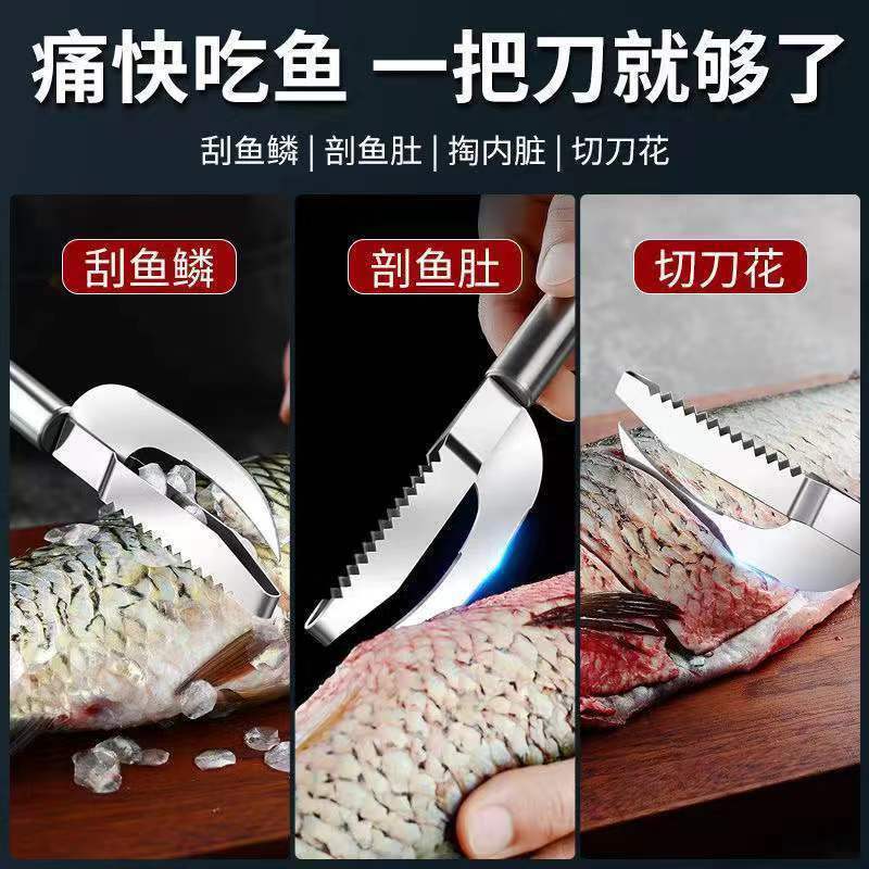 Fish Scale Scraper and Fish Belly Knife for Home Use, Thickened Stainless Steel, Two-In-One Fish Scale Remover and Fish Belly Breaker, Fish Killing Knife, Fish Scale Brush