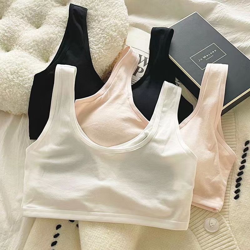 Fixed Cup Pure Cotton Girls' Bra, Comfortable and Seamless Underwear, Junior High School Students' All-In-One Sports Vest Without Rims