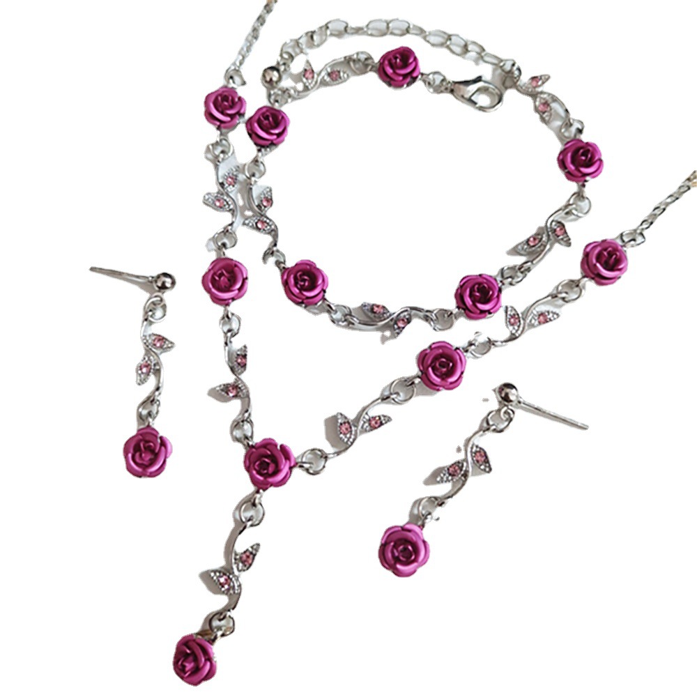 New Girl Mori Super Fairy Rose Flower Bracelet Gentle Girly Elegant All-match Necklace Earrings Set