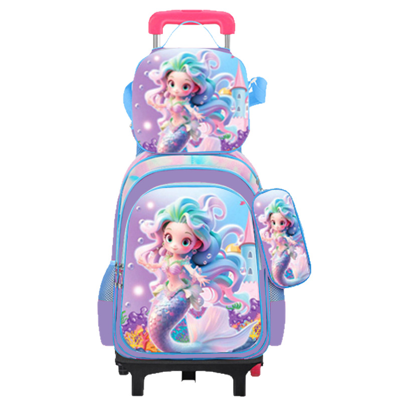 Factory Ready Stock Cross-Border Mermaid Three-Piece School Bag Set for Primary School Students in Grades 1-3-6, Can Be Fitted with a Trolley