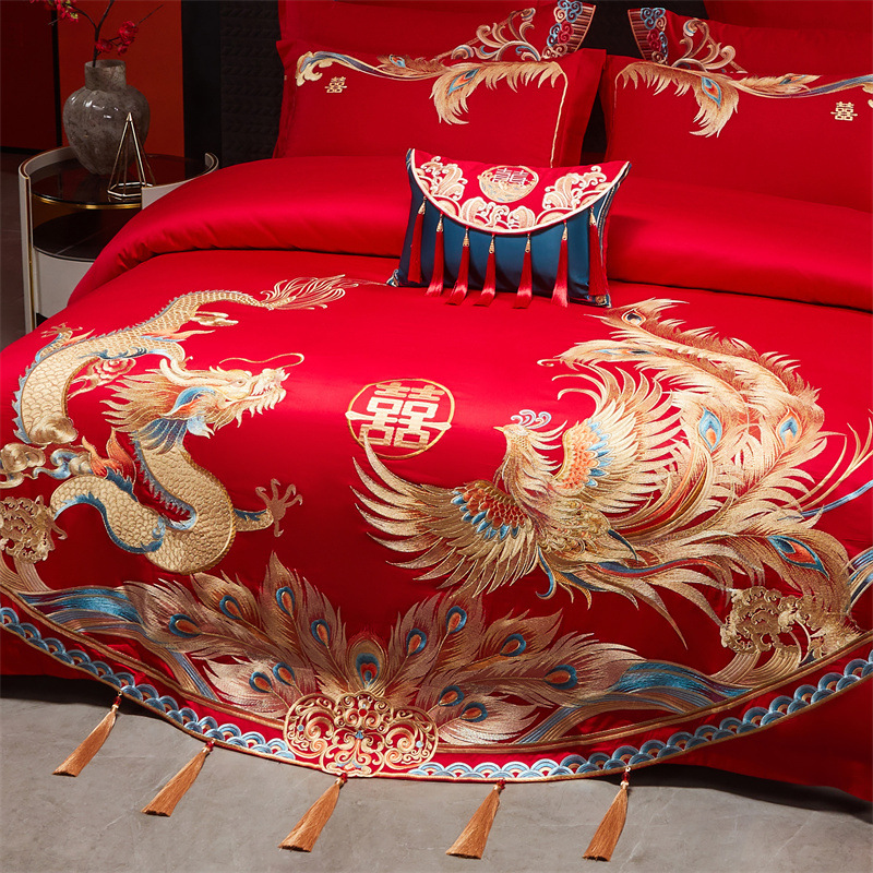 High-End New Chinese-Style Dragon and Phoenix Wedding Four-Piece Set Made of Pure Cotton with Embroidery, Red Wedding Quilt, Bedding for the Bridal Chamber