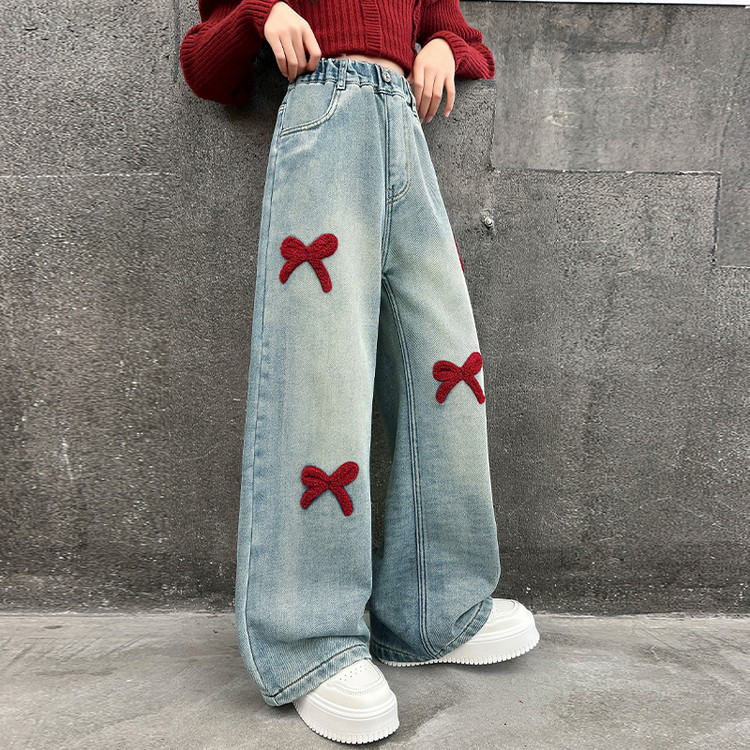 Towel Embroidered Girls' Jeans Spring and Autumn 2025 New Children's Pants for Girls, Straight-Leg Pants, Wide-Leg Pants for Girls
