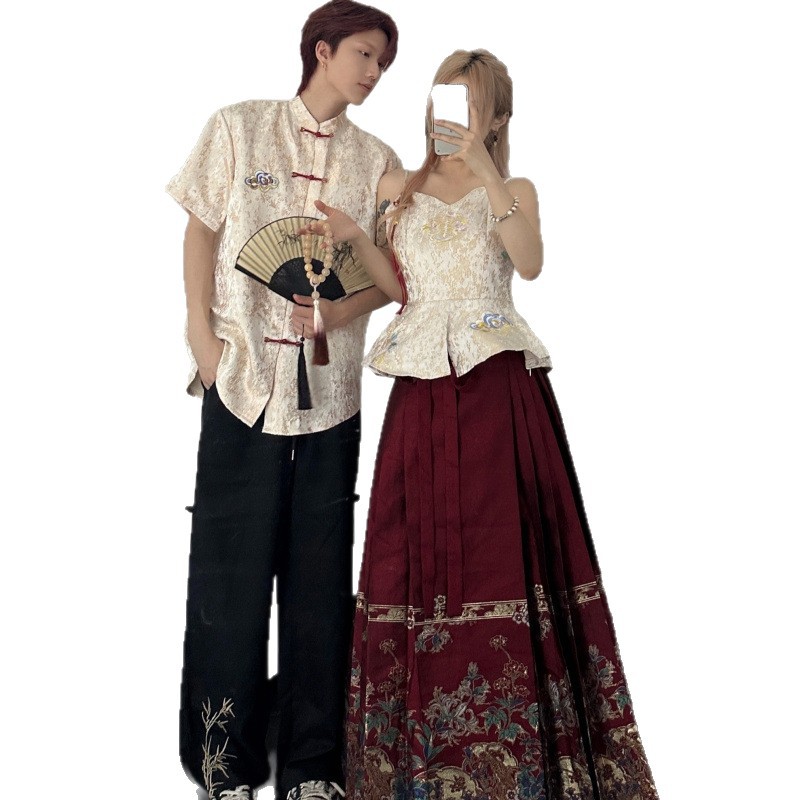 2025 Summer New National Style Couple Short-Sleeved Class Uniform Horse Face Skirt Suit for Men and Women