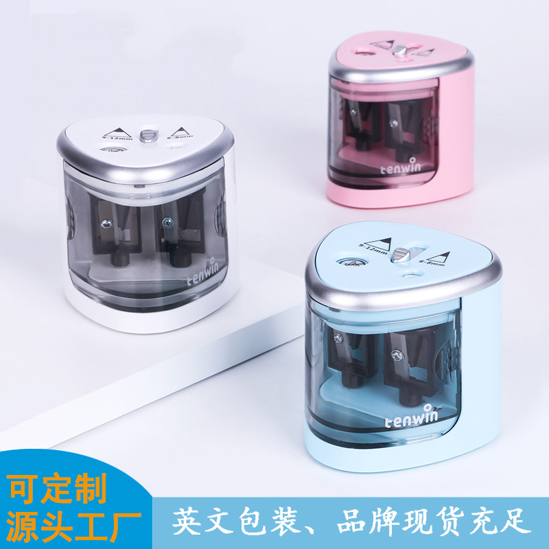 Электрическая точилка для карандашей Tenwin с двумя отверстиями, полуавтоматическая, модель 8004 на батарейках