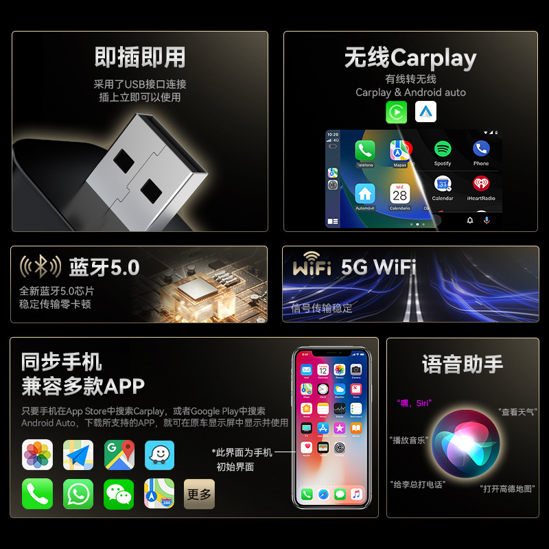 Cross-Border Car-Machine Interconnection Box Horizontal Plug-In Smart Carplay Wireless Adapter Android Autocarplay Box