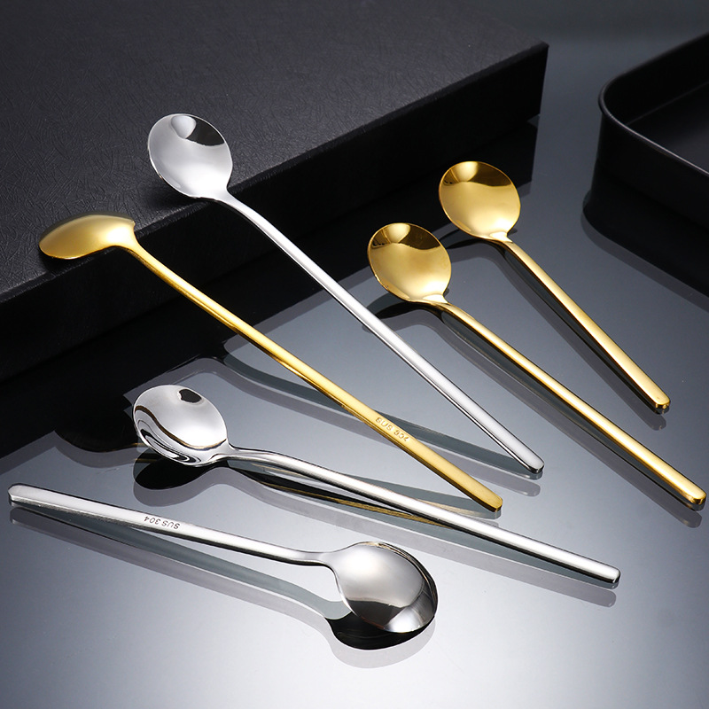 Stainless Steel Spoon, Long Handle Ice Spoon, High-Looking Coffee Spoon, Golden Small Round Spoon, Household Mixing Spoon, Souvenir Wholesale