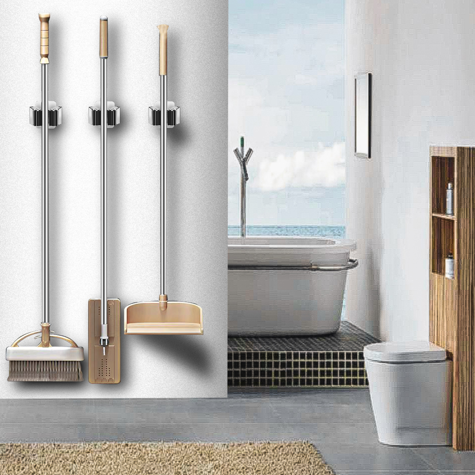 Cross-border mop clip stainless steel non-perforated mop rack mop broom storage tool clip wall-mounted bathroom pendant