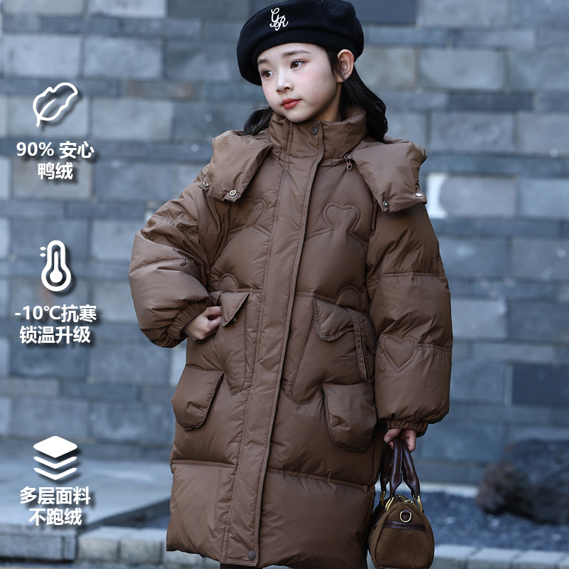 2024 New Children's down Jacket for Girls, Mid-Length Stylish Over-The-Knee Windproof Hooded Coat for Older Children