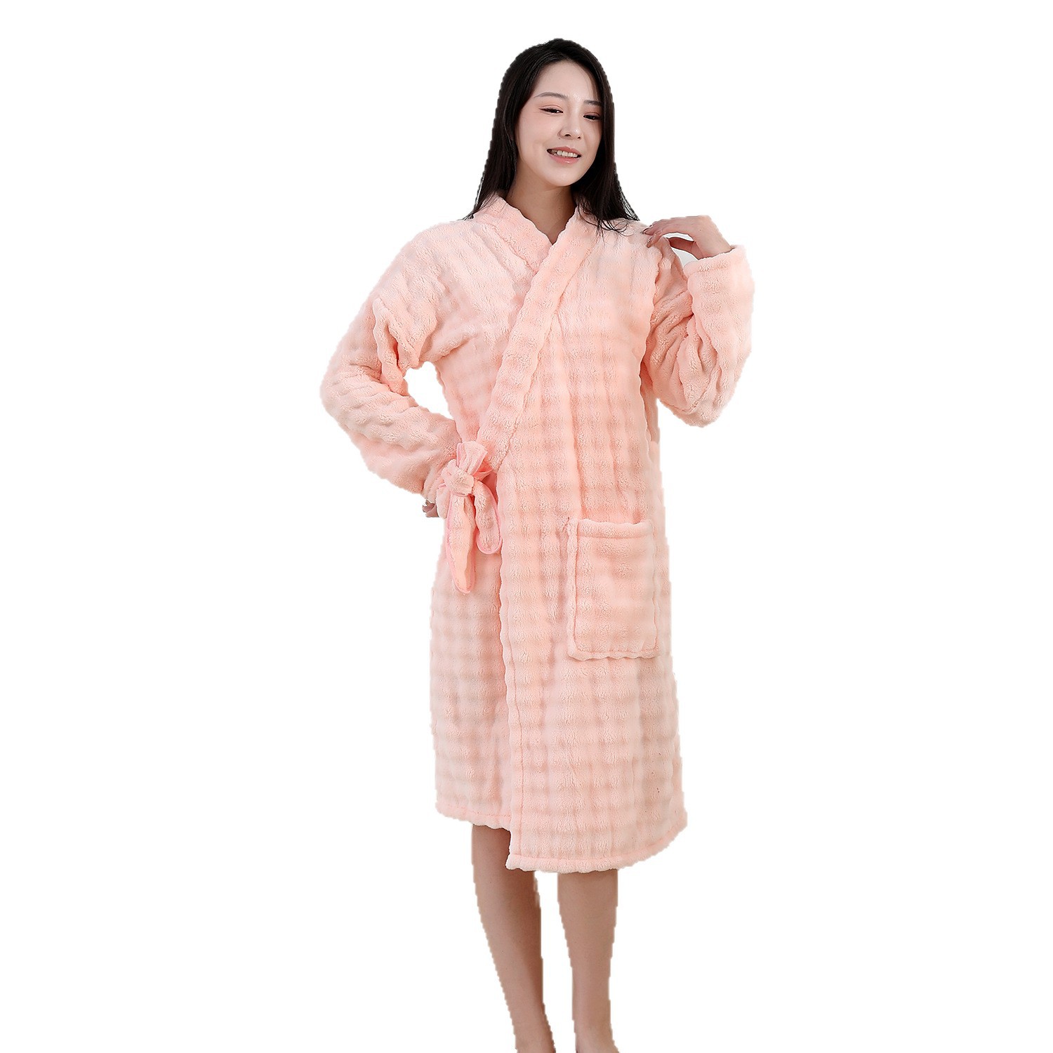 Bubble Velvet Wearable Long-Sleeved Bathrobe for Women, Soft, Absorbent, Antibacterial Hair Drying Cap, Adult Home Tie-Up Bathrobe