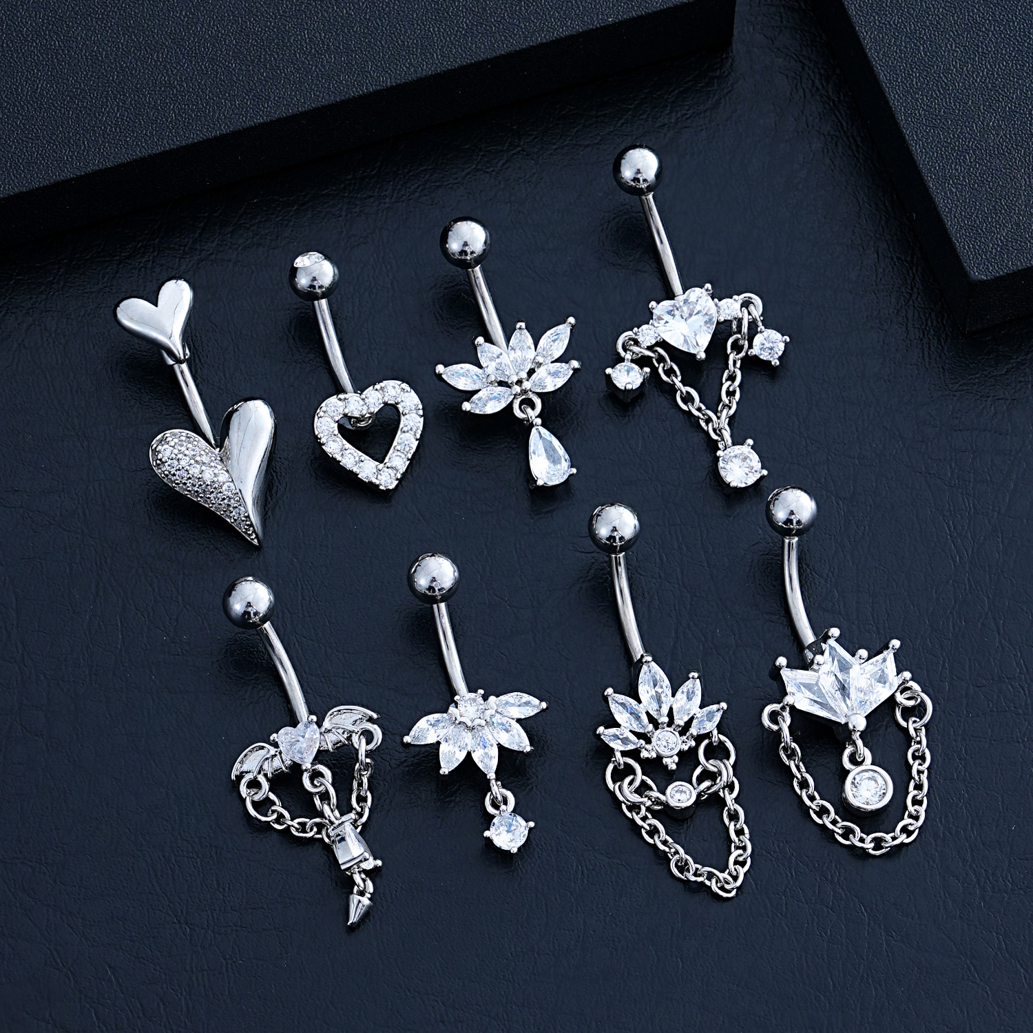 Cross-Border E-Commerce New Stainless Steel Navel Ring Heart-Shaped Zircon Micro-Paved Marquise Chain Navel Nail Piercing Jewelry