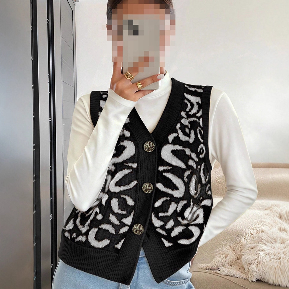 Зарубежная Торговля Кросс-Бордер Леопардовый Узор V Вырез Вязаный Кардиган Пиджак Женский Осень и Зима Популярная Мода Повседневный Свитер