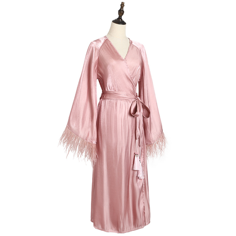 Sexy Pink Feather Dressing Gown Female Bride Wedding Spring Autumn Summer French Wedding High-End Bridesmaid Nightgown Two-Piece Set