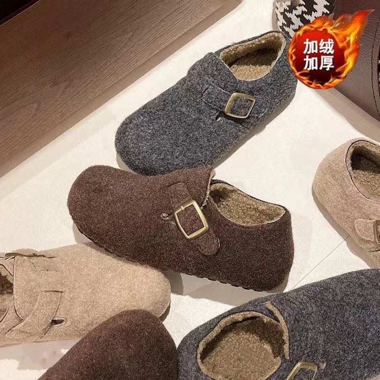 2025 New Autum Style French Retro Outer Wear Round-Toe Felt Fleece-Lined Birkenstock Shoes for Women, One-Legged Warm Cotton Scoop Shoes