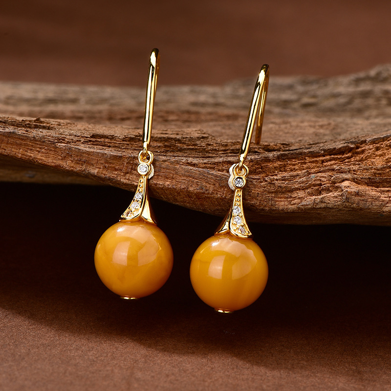 Beeswax Earrings Natural Old Beeswax Earrings 925 Silver Inlaid Butter Yellow Earrings Beeswax Earrings Amber Earrings