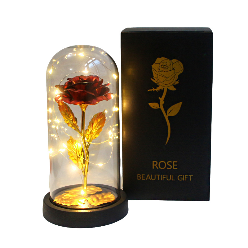 Valentine's Day Creative Gift Artificial Rose Gold Foil Flower Night Light Source Factory Ornaments for Girlfriend's Birthday and Chinese Valentine's Day
