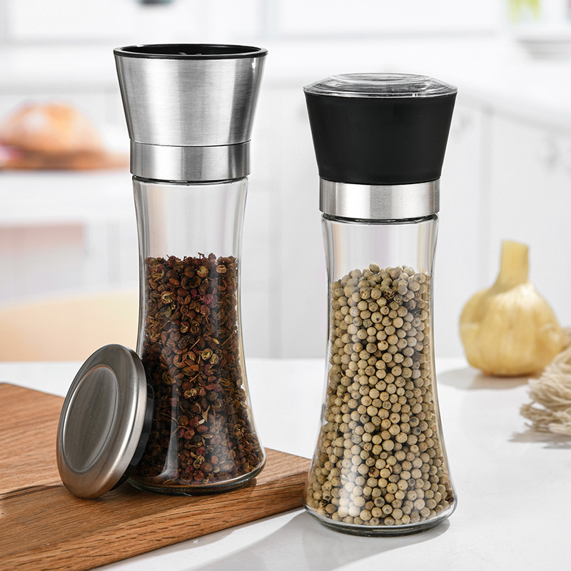 Cross-Border Manual Grinder Household Stainless Steel Kitchen Sea Salt Pepper Grinding Bottle Seasoning Bottle Sprinkling Glass Bottle