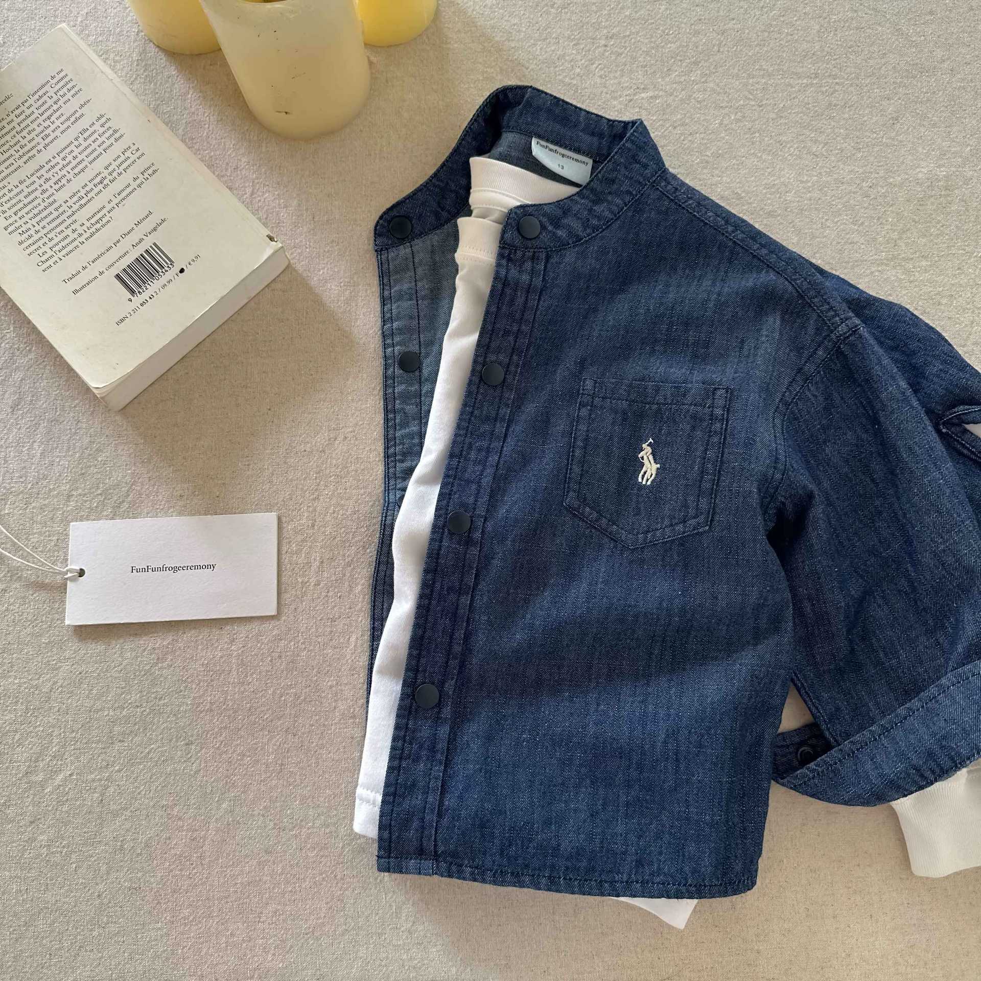 Children's Denim Shirt 2025 Autumn Boys' Japanese Trendy Brand Stand Collar Shirt Baby Toddler Simple Solid Color Thin Jacket