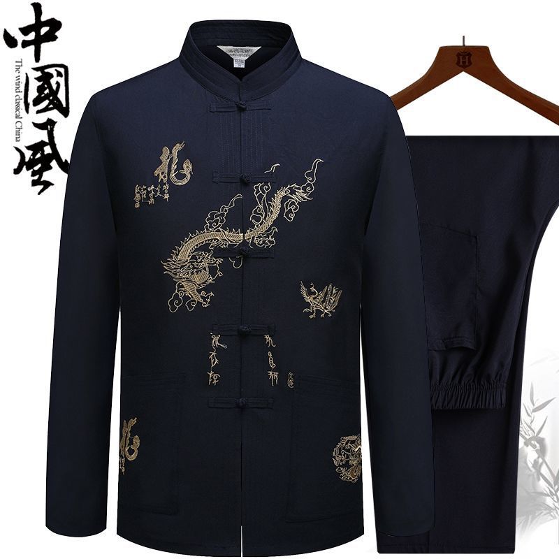 Tang suit middle-aged and elderly men's clothing Hanfu spring and summer Dad long-sleeved shirt suit Grandpa short-sleeved Taiji morning exercise clothes
