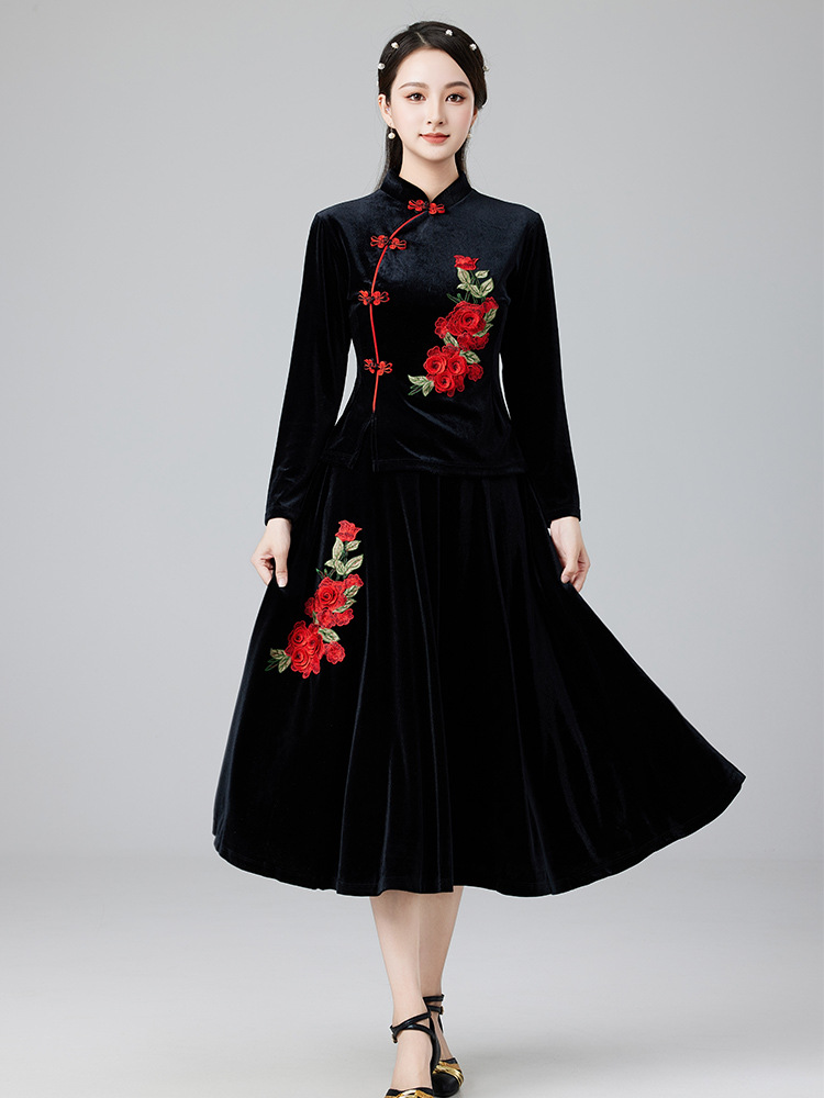 Cheongsam Collar Square Dance Costume New Arrival suit Autumn and Winter Golden Velvet Performance Costume Women's Large Swing Skirt Wide Leg Pants Dancing Clothes