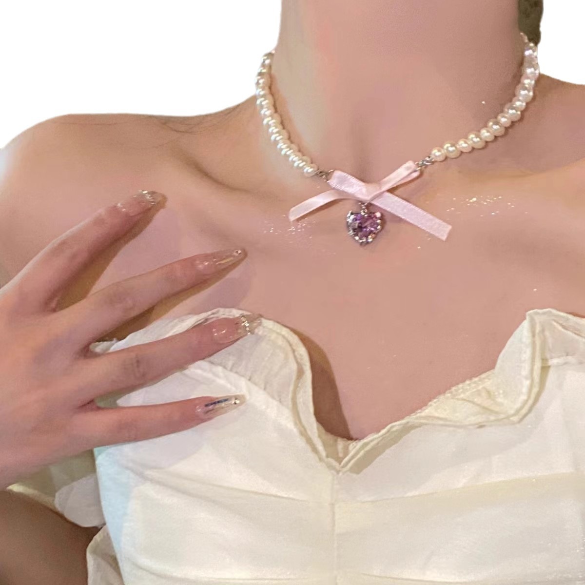 French style pink heart bow all-match pearl necklace female niche design sweet pure desire necklace clavicle chain