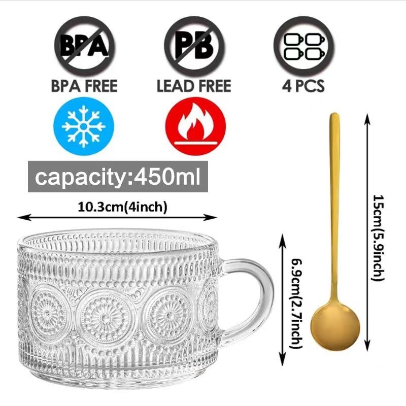 Amazon Retro Oatmeal Cup Embossed Sunflower Breakfast Cup with Lid Spoon Milk Cup with Handle Glass Coffee Cup