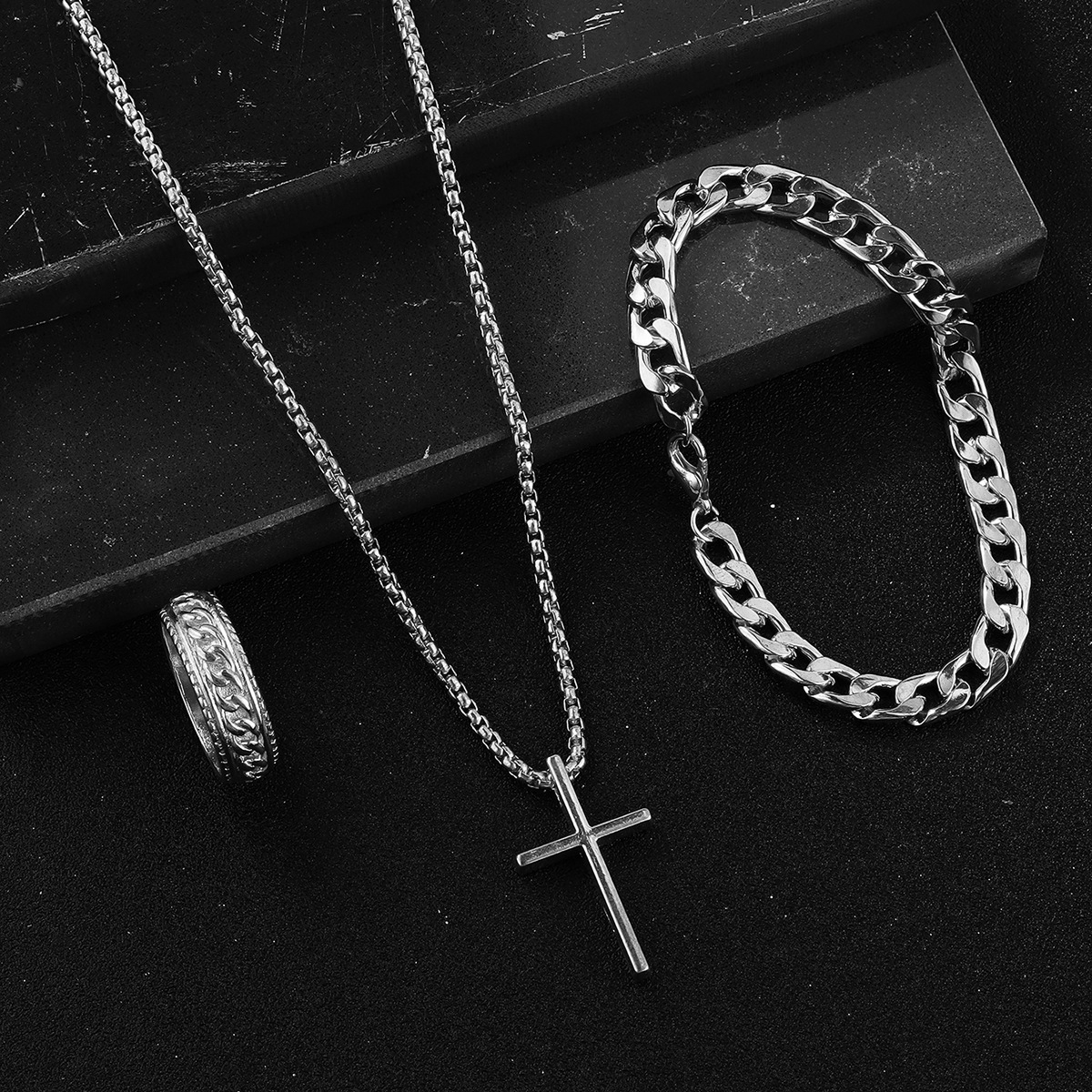 European and American Hot Selling Amazon SHEINtemu New Cross Jewelry Chain Ring Bracelet Necklace 3 suit