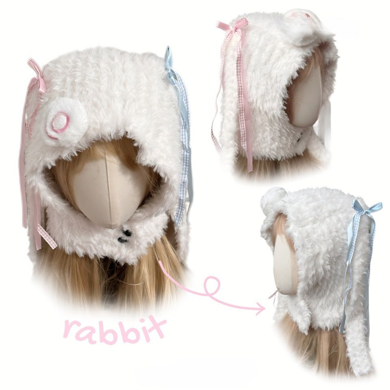 Вязаная шапка осень-зима y2k, милая шапка с контрастным цветом, балаклава, вязаная шапка с ушками кролика