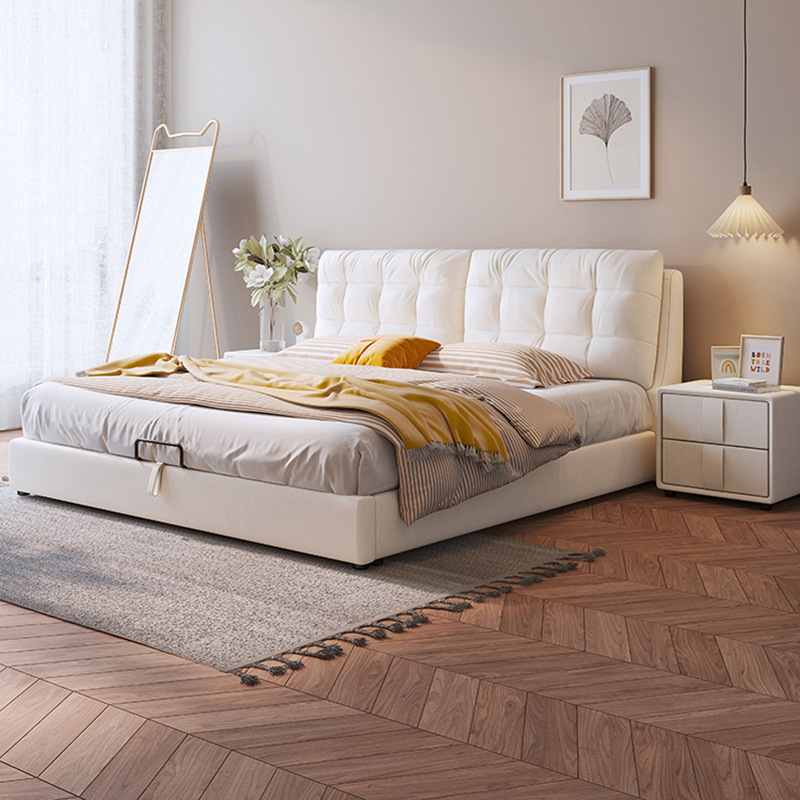 Облачная кровать 1.8 м двуспальная современная простая спальня кремового цвета свадебная кровать из ткани и массива дерева