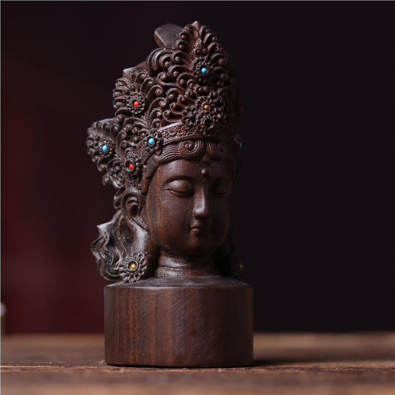 Agarwood Guanyin Buddha Head Seal Wooden Carving Handheld Piece Office Desktop Car Ornament Zhouguan Seal