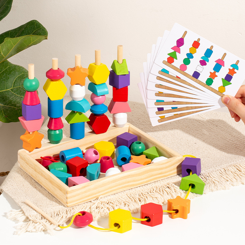 Cross-border new five-column beaded game box children's educational early education color shape cognitive wooden toys wholesale