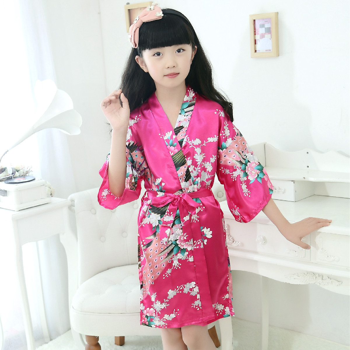 Cross-border silk children's nightgown foreign trade Peacock girls' bathrobe kimono printed summer Amazon bathrobe