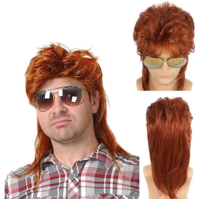 Cross-border European and American Wig Men's Mullet Wig Brown Curly Hair 80s Vintage Cosplay Halloween Wig Set
