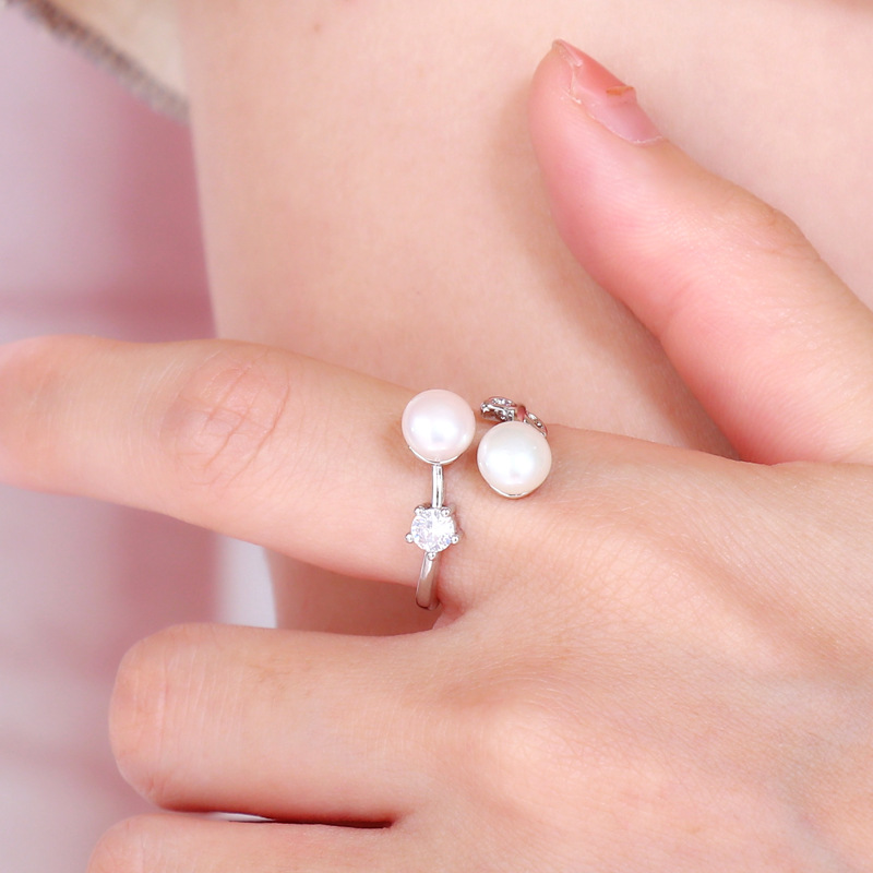 Japanese and Korean Fashion Leaf Freshwater Pearl Ring Simple Design ins Cold Style Open Double Pearl Ring Ring