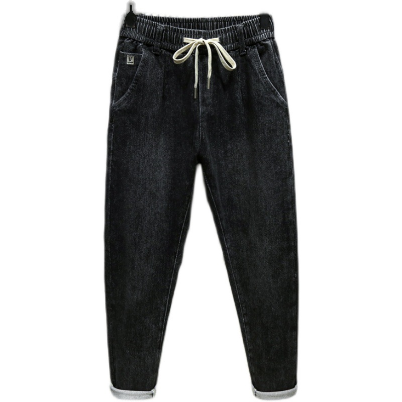 Tie Elastic Waist Jeans Men's Spring and Summer Slim Fit Small Feet 2025 New Embroidered Elastic Casual Long Pants