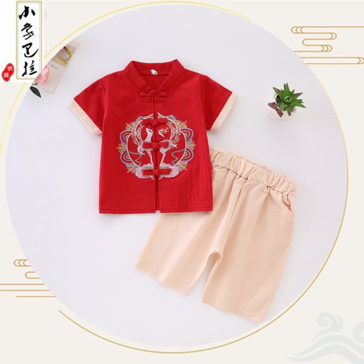 Костюм для мальчиков в этническом стиле из хлопка и льна с короткими рукавами, традиционный китайский танг для детей