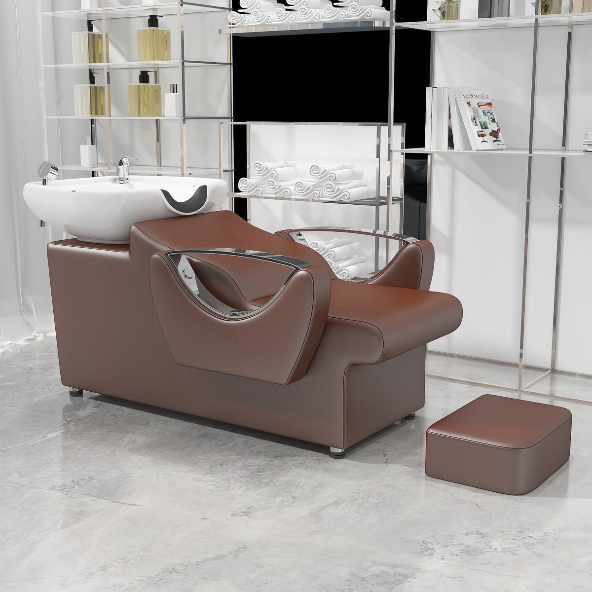Shampoo Recliner Bed, Hair Salon Semi-Reclining Shampoo Bed with Footrest, Leather Hair Salon Ceramic Basin Shampoo Bed Factory