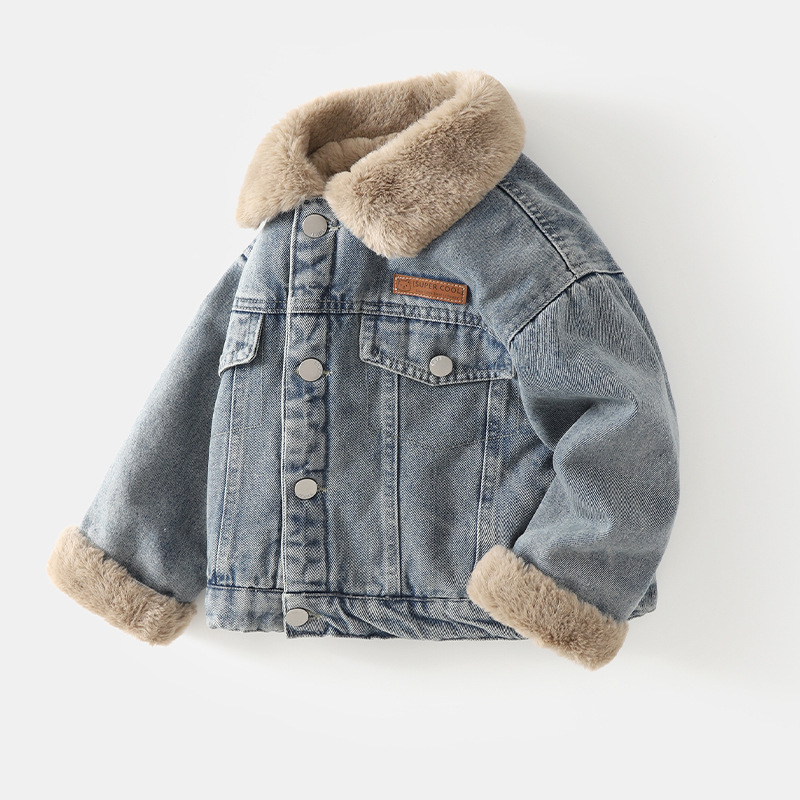 Baby Denim Jacket Autumn and Winter Style Fleece-Lined Toddler Clothes Fashionable New Style Baby Girl Thickeneded Kidsren's Winter Clothes for Boys