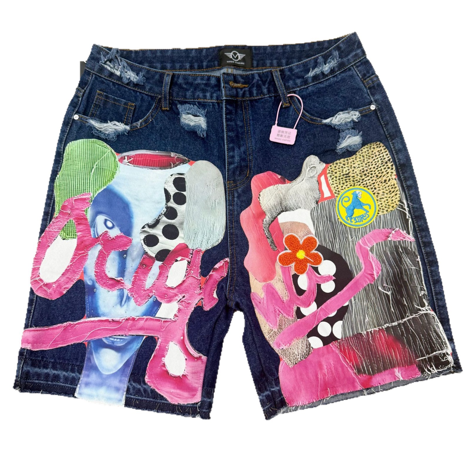 Collage Denim Shorts Collage Art Style Abstract Letter Collage Unlock Street Trend Password Wl662-2