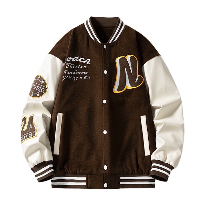 Customized American Cotton Woolen Baseball Uniform Pu Leather Sleeve Towel Embroider Men's Stand Collar Fleece-Lined Jacket with Custom Logo