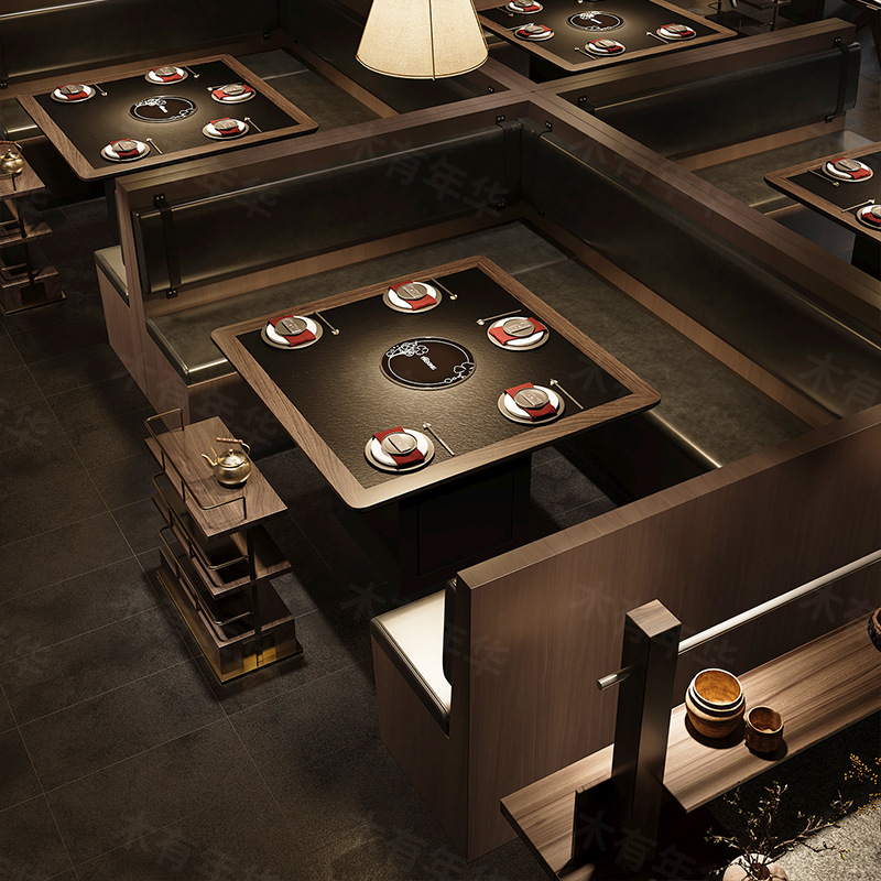 Hot Pot Table Induction Cooker Integrated Fire Stone Hotel Restaurant Booth Sofa Combination Solid Wood Table and Chairs for Catering Commercial Use