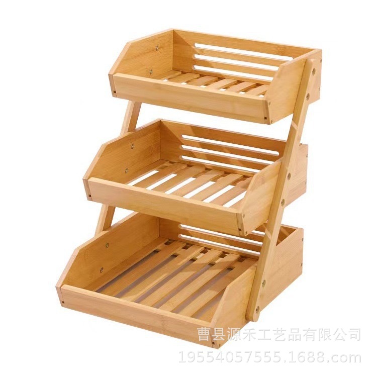 in stock bamboo three-layer fruit and vegetable basket draining rack double-layer assembled fruit plate three-layer kitchen storage rack