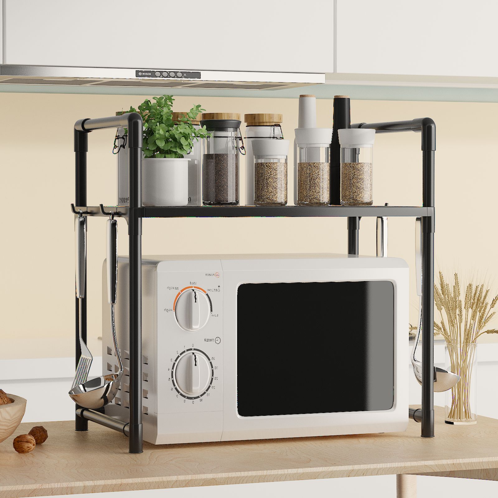Microwave Oven Rack Widened and Thickeneded Oven Bread Machine Storage Rack Double-Layer Kitchen with Armrest Hook Spice Organizer