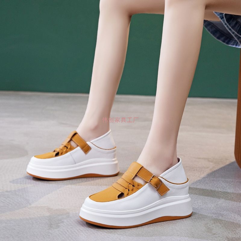 Two-Wear Baotou Sandals for Women Genuine Leather 2025 New Summer Cut Out Breathable Versatile Thick-Soled Inner Heightening White Shoes
