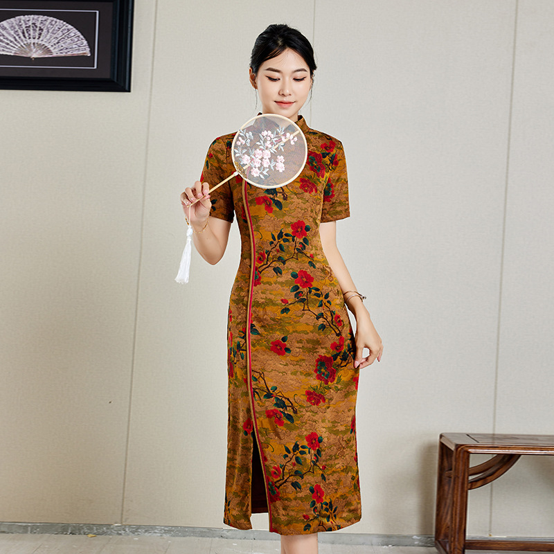 Printed Piping, Contrasting Colors, Retro Silks and Satins Cheongsam, Processing, Processing, Processing, Oem, Production and Processing, Customization