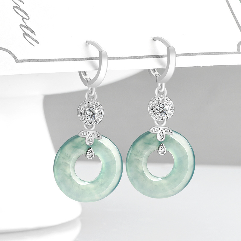 Natural A-Grade Jade Blue Water Jade Ring Earrings Ice Jade S925 Silver Inlaid Women's High-End Fashion Earrings