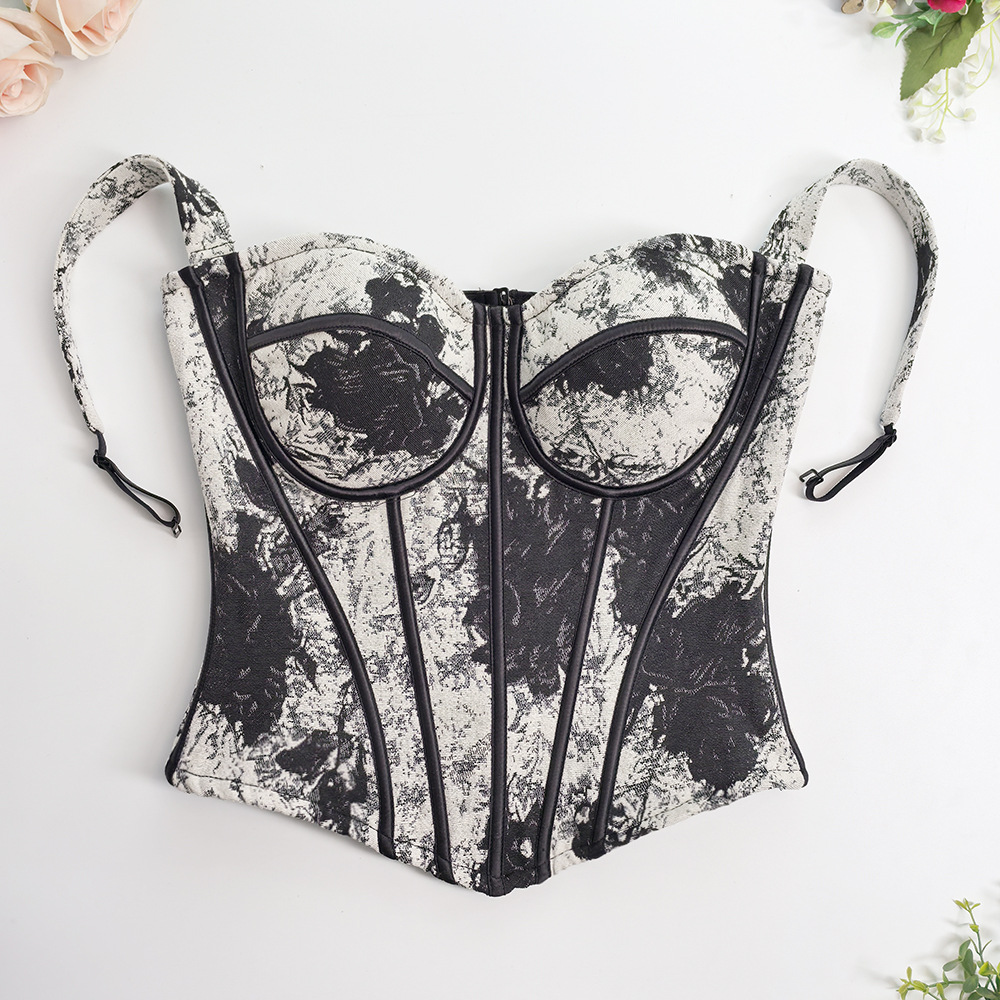 French Jacquard Fishbone Strapless Top Pure Outer Wearing New Country Style Ink Painting Para-breasts Strong Pressure Waist Fishbone Corset