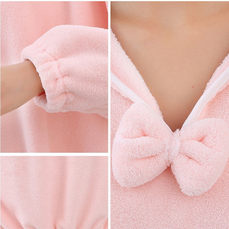 Autumn and Winter Bathrobe Long Home Bathrobe Winter Women's Absorbent Bath Towel Coral Velvet Home Hooded Long-Sleeved Bath Skirt