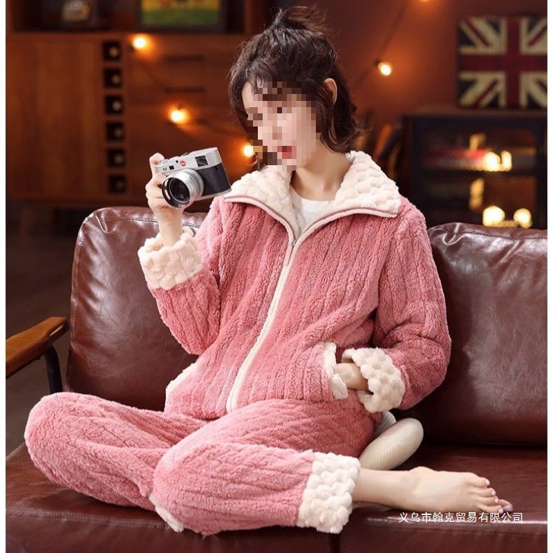2025 Autumn and Winter Couple's Velvet Thickened Zipper Warm Loose Wearable Pajamas Home Wear Set